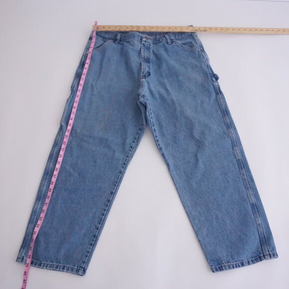 Vintage Rustler Carpenter Dungaree Mid-wash Wide-leg Blue Denim Jeans 38X30 - Picture 2 of 15